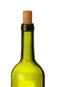 Close up one open green glass bottle of wine with cork isolated on white background, low angle side view