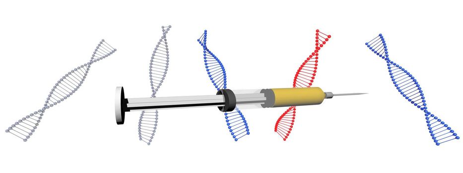 dna symbol blue and red syringe on it isolated in white background - 3d rendering