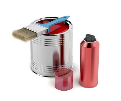 Paintbrush, paint can and spray with red color