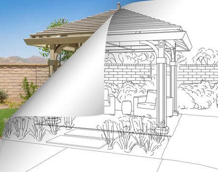 Pergola Drawing with Page Flipping to Completed Photo Behind.