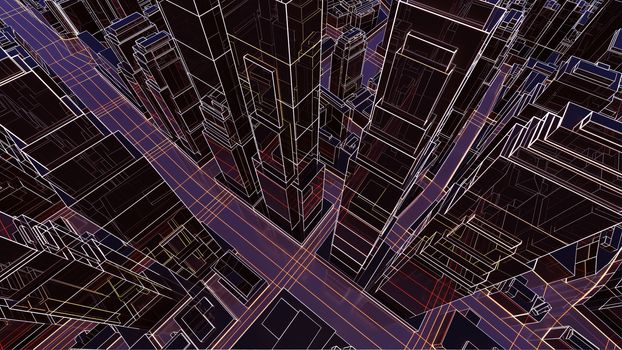 Abstract 3D city with luminous lines and black mirror buildings. The concept of new technologies. 3d illustration