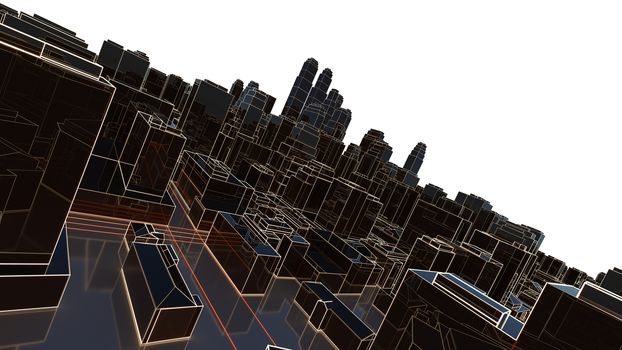 Abstract 3D city with luminous lines and black mirror buildings. The concept of new technologies. 3d illustration