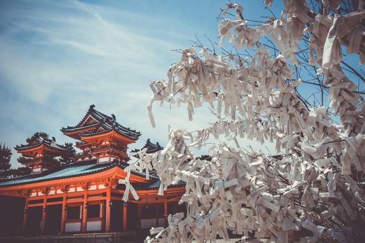 Omikuji tree Heian Jingu Shrine temple in Kyoto, Japan