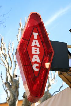 French Red And White Sign Tabac. In France "Tabac" Means Tobacco