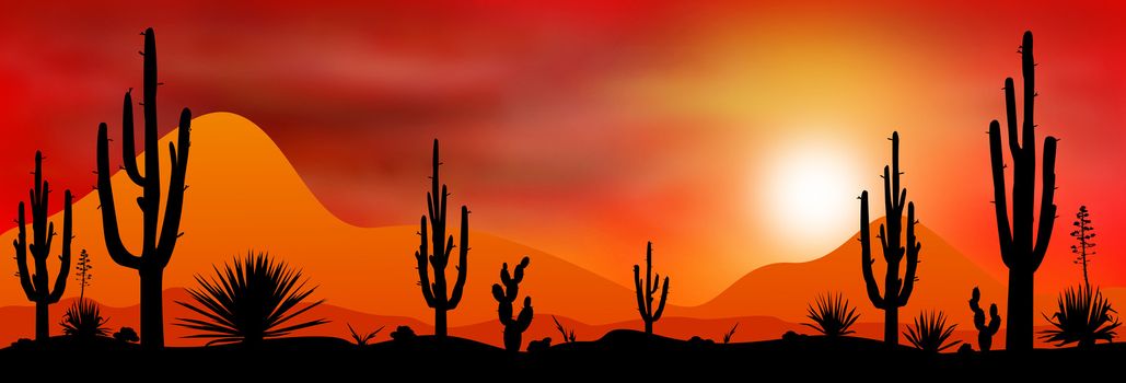 Sunset sun in a stony desert. Silhouettes of stones, cacti and plants. Desert landscape with cacti. The stony desert.                                                                                                                                                                          