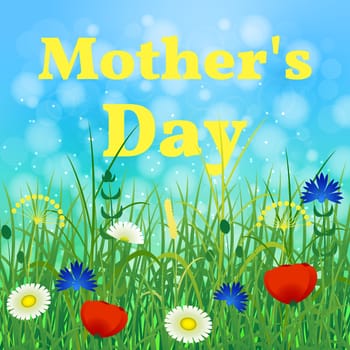 Happy Mothers Day. Name of the holiday. Background of a sky and blooming meadow