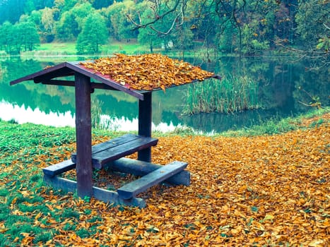 Seating shelter for tourists near pond at autumn time. All covered by dry leafs.