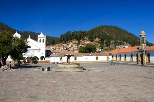 White colonial houses of La Recoleta at Plaza Pedro de Anzures square, Sucre, Bolivia South America.