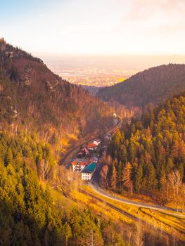 View from Oybin to Zittau. Beautiful Valley with railroad track. Germany.