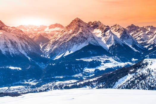 Majestic sunset in winter mountains, Austrian Alps.