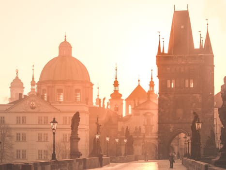 Charles Bridge at sunset time, Old Town of Prague, Czech Republic.