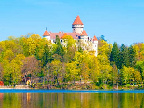 Chateau Konopiste reflected in the water, Central Bohemia, Czech Republic.