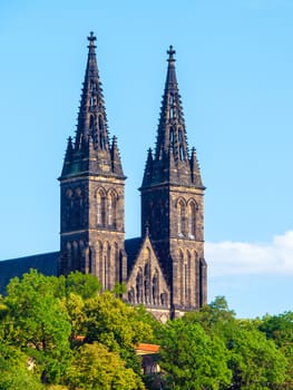 Two towers of Basilica of Saint Peter and Paul in Vysehrad complex, Prague, Czech Republic.