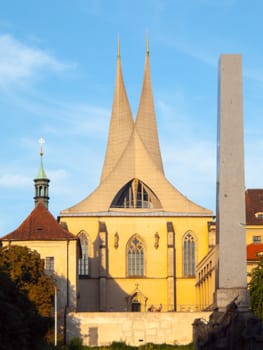Emmaus Monastery Na Slovanech, aka Emauzy, with two modern spiky towers, Prague, Czech Republic.