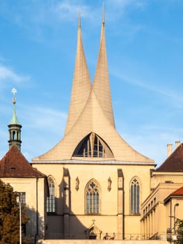 Emmaus Monastery Na Slovanech, aka Emauzy, with two modern spiky towers, Prague, Czech Republic.