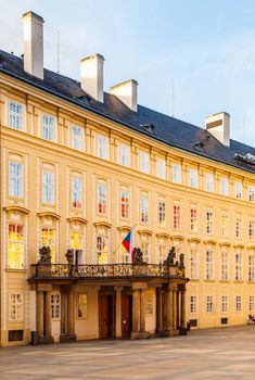 Entrance door with balcony to the Archives of Prague Castle on Third Courtyard, Prague, Czech Republic.