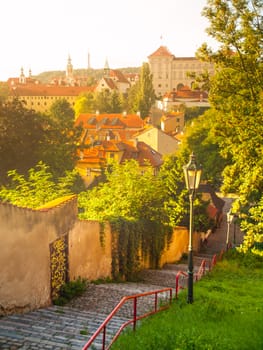 Old stairs leads to medieval district of Novy Svet, Hradcany, Prague, Czech Republic.