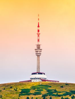 TV transmitter and lookout tower on the summit of Praded Mountain, Hruby Jesenik, Czech Republic.
