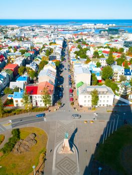 Aerial view of Reykjavik from the top of the Hallgrimskirkja church, Iceland.