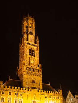 Belfort tower, aka Belfry, of Bruges by night, Belgium