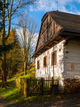 Wooden houses of Vesely Kopec folk museum. Czech rural architecture. Vysocina, Czech Republic.