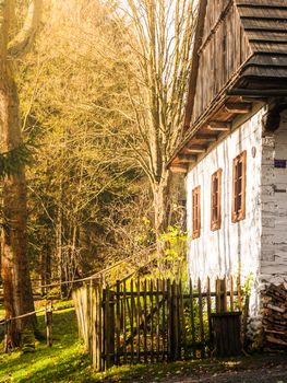 Wooden houses of Vesely Kopec folk museum. Czech rural architecture. Vysocina, Czech Republic.