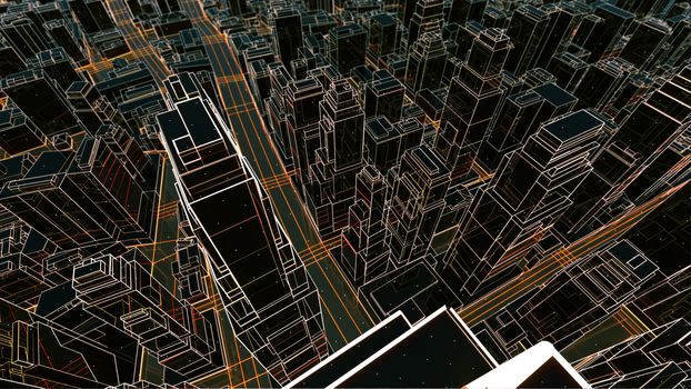 Abstract 3D city with luminous lines and black mirror buildings. The concept of new technologies. 3d illustration