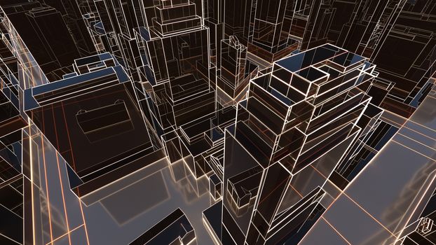 Abstract 3D city with luminous lines and black mirror buildings. The concept of new technologies. 3d illustration