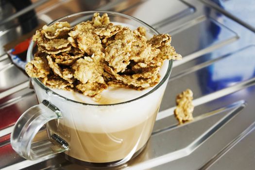 aerial view of a breakfast with cappuccino and cereals