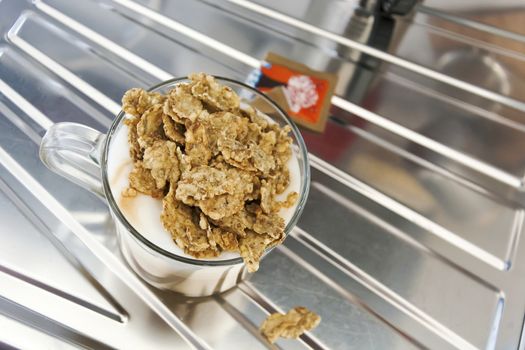 aerial view of a breakfast with cappuccino and cereals