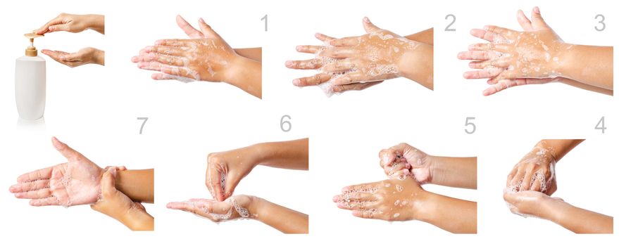 Hand washing medical procedure step by step. Isolated on white background.