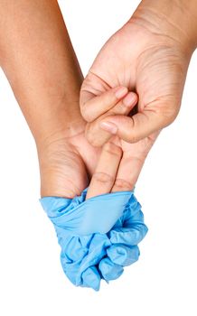 Hand throwing away blue disposable gloves medical, Isolated on white background, Save clipping path. Infection control concept.