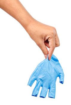 Hand throwing away blue disposable gloves medical, Isolated on white background, Save clipping path. Infection control concept.