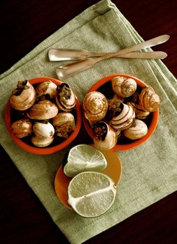 Two Bowls of Delicious Escargot with Garlic Butter, Silver Forks and Sliced Lime closeup on Green Napkin. Top View