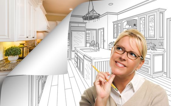 Woman Facing Kitchen Drawing Page Corner Flipping with Photo Behind.