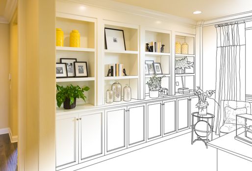 Custom Built-in Shelves and Cabinets Design Drawing Gradating to Finished Photo.