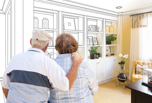 Senior Couple Facing Custom Built-in Shelves and Cabinets Design Drawing Gradating to Finished Photo.