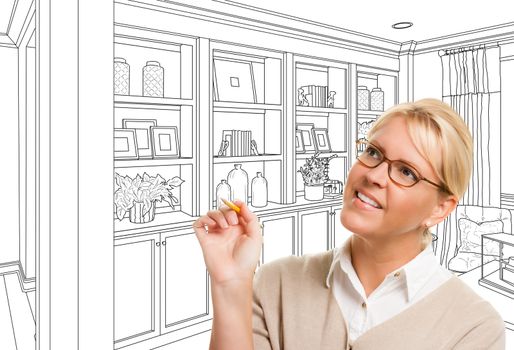 Young Woman Over Custom Built-in Shelves and Cabinets Design Drawing.