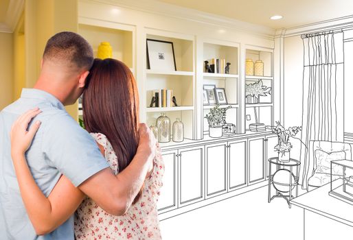 Young Military Couple Facing Custom Built-in Shelves and Cabinets Design Drawing Gradating to Finished Photo.