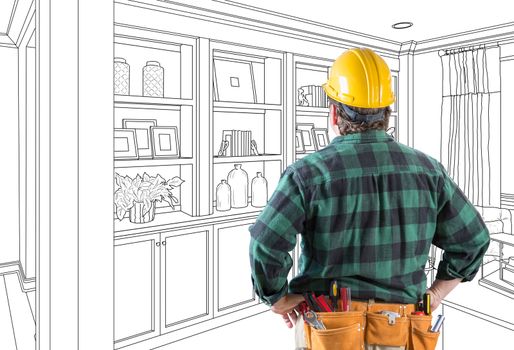 Contractor Facing Custom Built-in Shelves and Cabinets Wall Design Drawing.