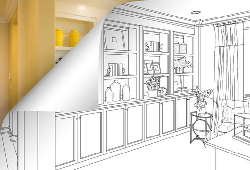 Built-in Shelves and Cabinets Drawing with Page Corner Flipping to Completed Photo Behind.