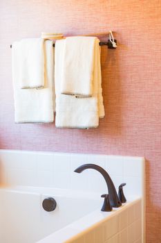 New Modern Bathtub, Faucet and Towels Hanging Abstract.