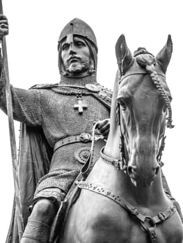 Detailed view od Statue of Saint Wenceslas, Wenceslas Square, Prague. Black and white image.