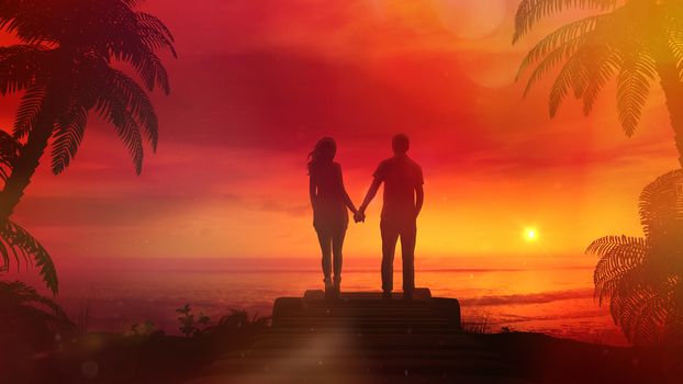 A romantic couple is standing on the shore of the ocean looking at a beautiful sunset.
