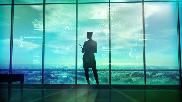 The pictures file illustrates the silhouette of a business woman on the background of corporate infographics.