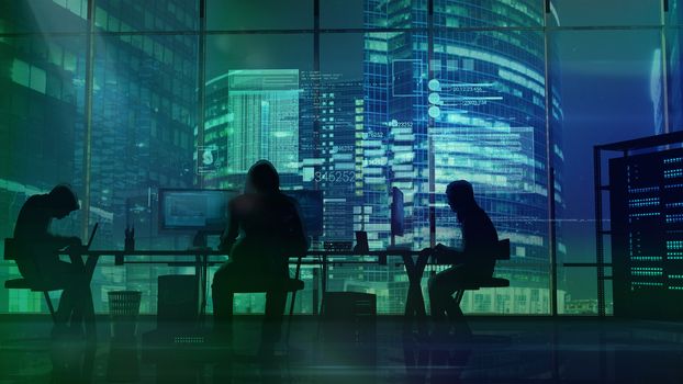 Silhouettes of several men working intensively behind their computers against the background of glass office skyscrapers.