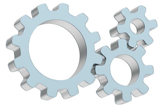 Three 3d gears made of metal and glass. The concept of teamwork. 3d illustration, isolated on white background