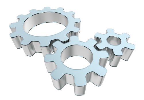 Three 3d gears made of metal and glass. The concept of teamwork. 3d illustration, isolated on white background