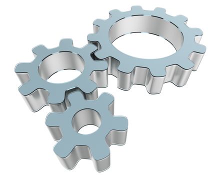 Three 3d gears made of metal and glass. The concept of teamwork. 3d illustration, isolated on white background