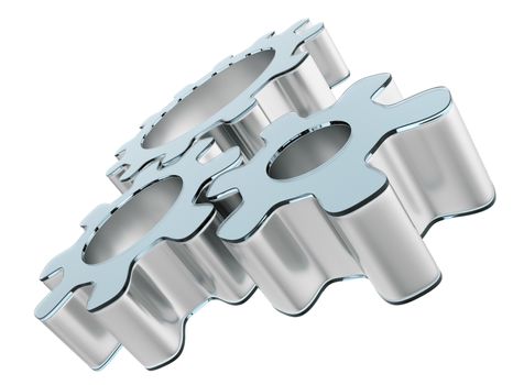 Three 3d gears made of metal and glass. The concept of teamwork. 3d illustration, isolated on white background